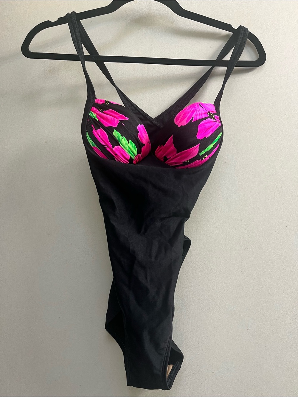 La Blanca Black One-Piece Swimsuit with Pink & Green Floral Cups